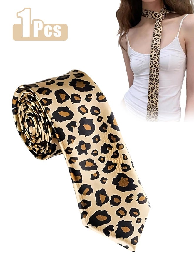 Leopard Print Ties for Men Fashion Mens Silk Ties Brown Leopard Necktie Thin Ties for Men Women Teens Animal Neck Tie for Cosplay Wedding Tie Party Decorations Cool Suit Clothing Accessories - Image 1